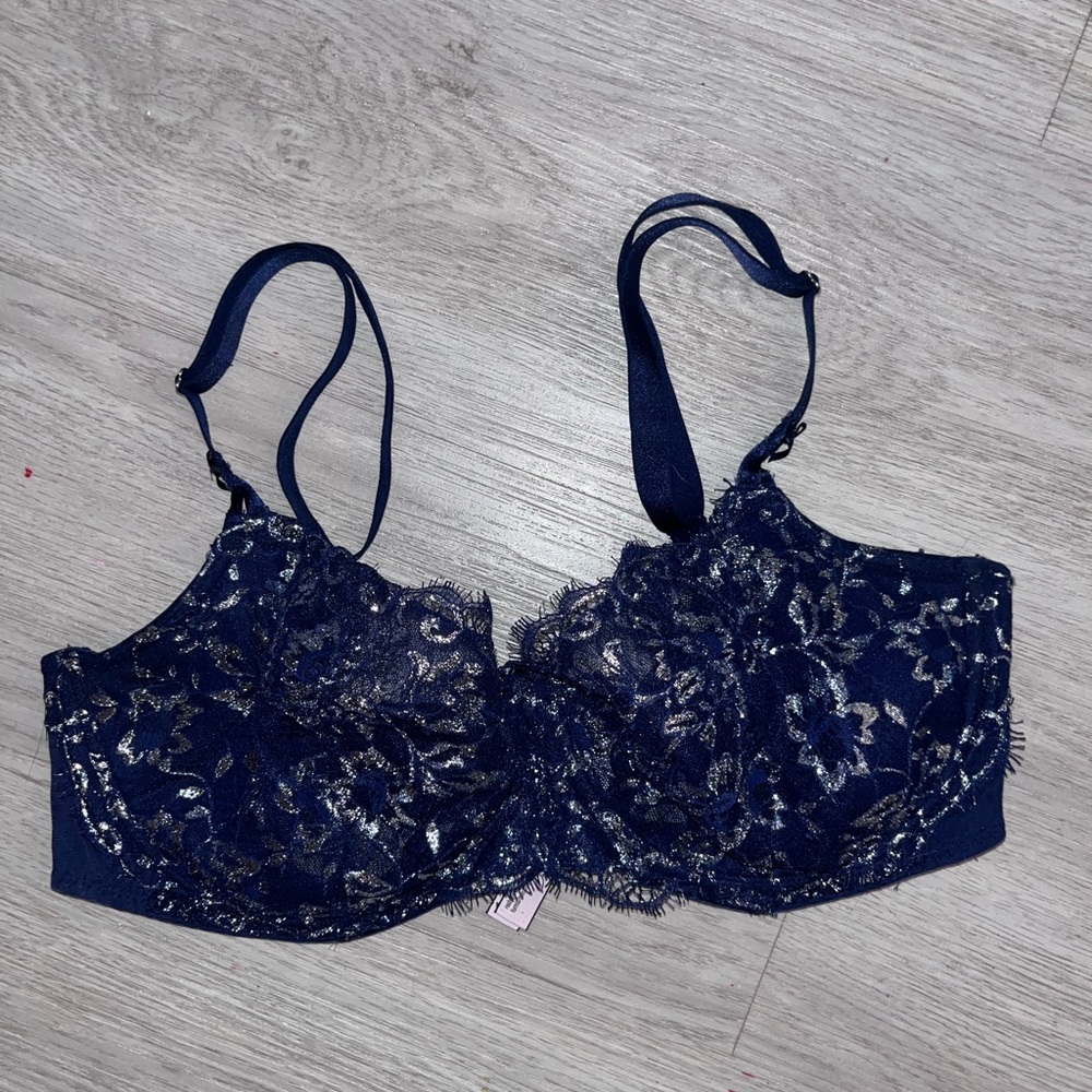 Victoria's Secret Navy and Silver Sheer Lace Bra 38DD